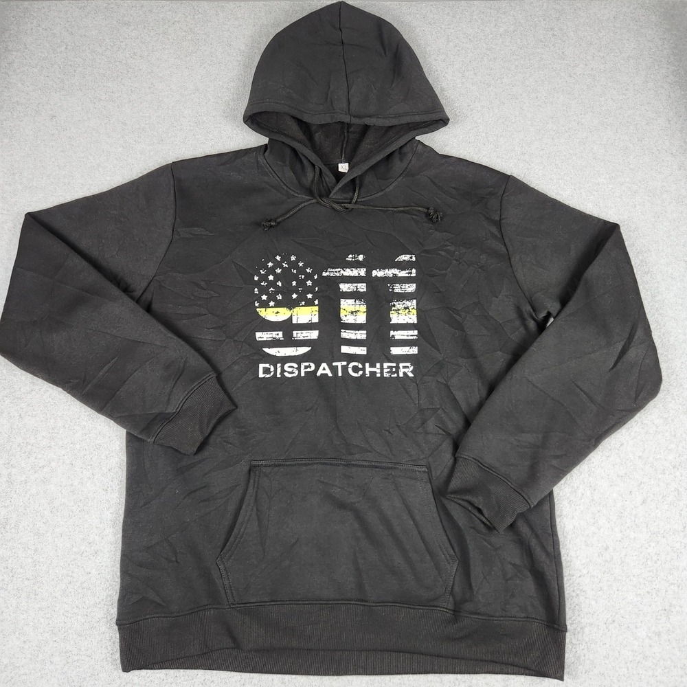 Mens Hoodie XL Black 911 Dispatcher Thin Gold Line Flag Graphic‎ Fleece Pullover